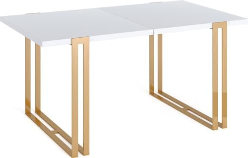 Ausziehbarer Rechteckiger Esstisch im Loft-Stil - Großer Industrietisch mit Goldenen Metallbeinen, 140 bis 240 cm - Platzsparender Konferenztisch für Wohnzimmer und Büro - Weiß