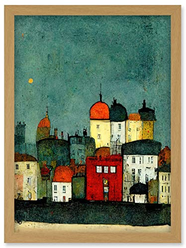 Doppelganger33 LTD Playful Town Skyline Scene At Night With Pastels And Ink Artwork Framed Wall Art Print A4