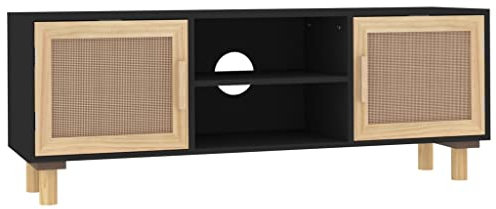 vidaXL Meuble TV Centre de Divertissement Armoire Multimédia Meuble de Rangement Salle de Séjour Noir 105x30x40cm Bois de Pin Massif et Rotin Naturel
