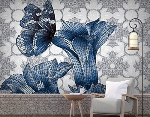 Papier Peint Fleur De Lys Bleu Dessiné À La Main Muralepapier Peint Intissé Papier Peint Salon Chambre 350(W) X256(H) Cm