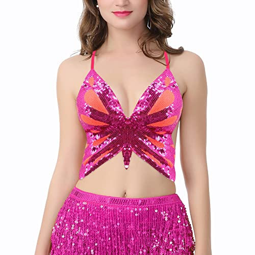 Naimo Damen Pailletten Schmetterling Crop Top Sexy Halter Bandage Riemchen Tank Top Cami Tube Bauchtanz Rave Kostüm