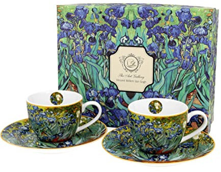 DUO ART GALLERY 2er-Set Espressotassen 90 ml IRISES mit Untertassen, New Bone China Porzellan