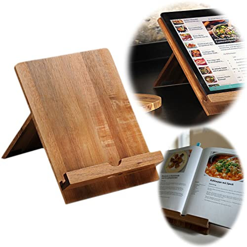 LS-LebenStil Holz Kochbuchhalter Akazie FSC 23x18cm Braun Tablett-Halterung Ständer passend für ipad, Tabletts und Kochbücher Buchhalter Tablet Ständer Buchstütze Leseständer
