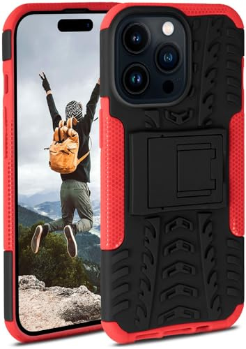 ONEFLOW Tank Case für Apple iPhone 14 Pro Hülle Outdoor, stabile Panzerhülle mit Kamera und Display Schutz, sichere Handyhülle, TPU Handy Schutzhülle mit Ständer, Rot Schwarz