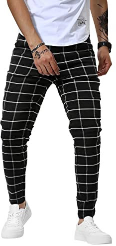Woenzaia Lässige Herren-Hose, schmale Passform, Skinny Stretch, #2 Black Plaid, 28