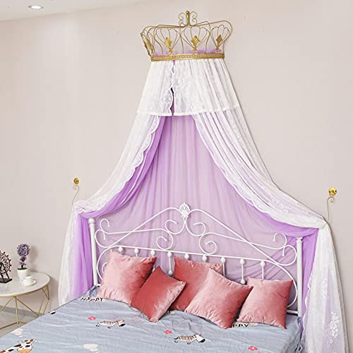 Princess Lace Betthimmel mit Krone, nordischer Bettvorhang mit moderner Goldener Krone für volles King-Queen-Bett mit dekorativer Gardinen-Metallkrone für Schlafzimmer