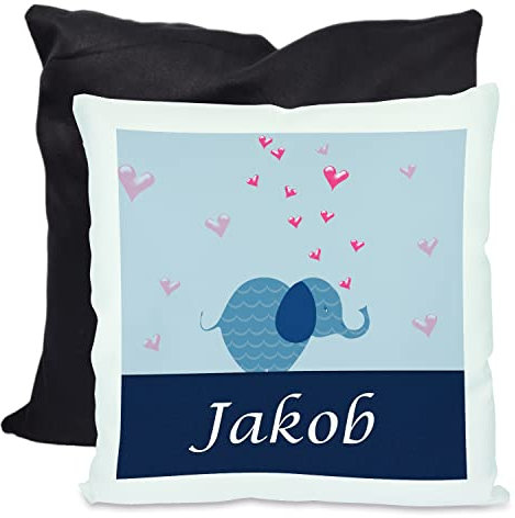 CreaDesign, Kinder Kissen 40x40 cm personalisiert mit Namen, Kinderzimmer Deko Kissen Kinder mit Füllung Federn, Motiv Elefant blau, Rückenfarbe Schwarz