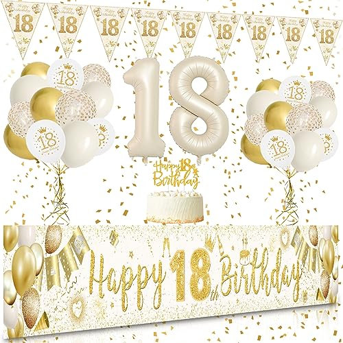 18. Geburtstag Mädchen Deko, VICTERR Sandweiß Gold Deko 18. Geburtstag Mädchen und Jungen Deko Set, Lange Größe Happy 18th Birthday Banner Hintergrund 274×37cm, Girlande Wimpel Konfetti Luftballons