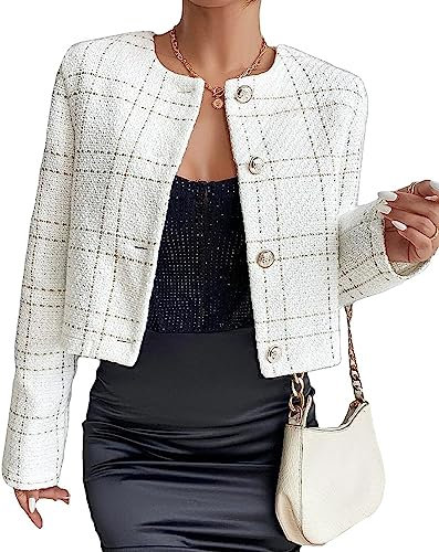 Veste en Tweed à Carreaux pour Femmes Slim Vintage Veste à Manches Longues Tweed Blouse Courte Cardigan sans col Blazer décontracté Business Workwear Veste à Cordon (Blanc,L)