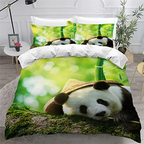 AKATIE Housse de Couette 220x240 Ado Adulte Parure de Lit Panda Bambou Vert Housse de Couette en Microfibre Hypoallergique Ensemble de Literie avec 2 Taies d'oreiller