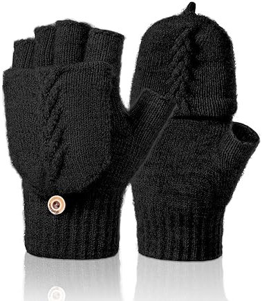 Kiiwah Fingerlose Handschuhe Fäustlinge für Herren Damen, Warme Winter Handschuhe Convertible Halbfinger Flip Top Fäustlinge Touchscreen Fotografie Handschuhe (Ringen Schwarz)