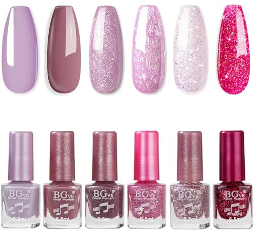 EONFAVE Nail Polish Set - Glitter Nail Varnish Sets - Quick Dry & Long Lasting Purple Nail Polish - 6PCS Sparkly Purple Oil-Based Formula Nail Polish Gift Set - No Need Cure for DIY Nail Art