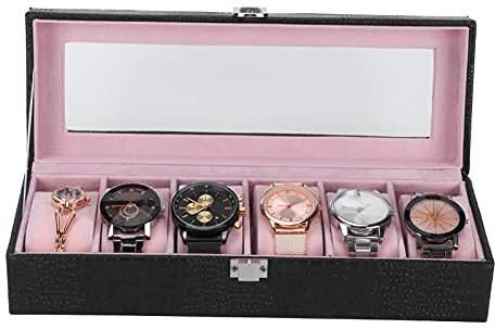 Wnvivi Uhrenbox mit 6 Fächern, Schwarzes PU-Leder, Armbanduhr-Vitrine, Organizer mit Rosa Innenfutter, Uhren-Vitrine für Männer und Frauen