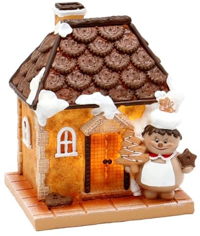 Dekohelden24 Keramik Lebkuchenhaus mit Weihnachtsbäcker und Lebkuchen in weiß/braun, für Batteriebetrieb, L/B/H 13 x 11 x 16 cm.