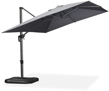 PURPLE LEAF Sonnenschirm 270 x 350 cm, Ampelschirm Groß, Rechteckig Gartenschirm mit Kurbel, Gestell Aluminium, 360° Rotation, UV-beständig, Hellgrau