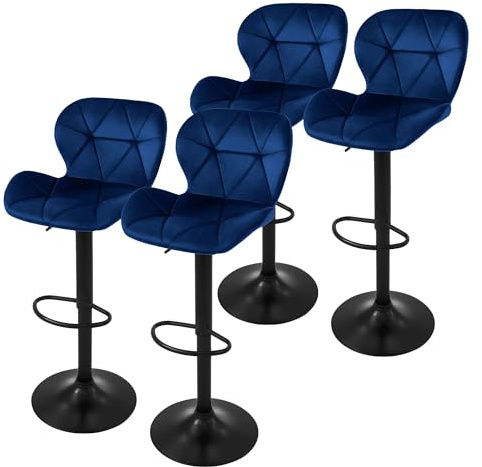ML-Design Barhocker 4er Set, Bezug aus Samt, Blau, Gepolsterter Barstuhl mit Rückenlehne und Fußstütze, Tresenhocker höhenverstellbar 59-79 cm, 360° drehbar, Bistrohocker Hocker Drehstuhl Barstühle