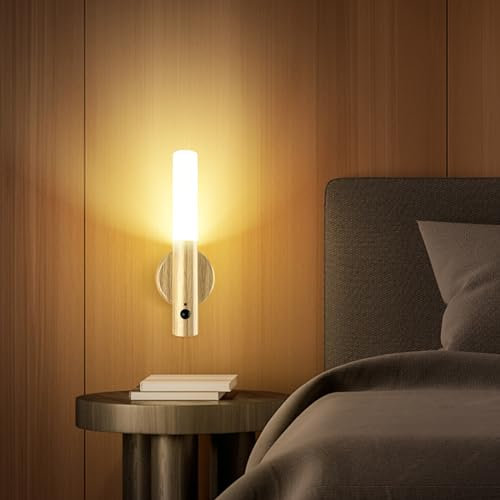 SYMYNELEC Lampada da Parete Senza Fili Legno, Luce Notturna a LED Ricaricabile con Sensore di Movimento, Lampada da Muro a Batteria, Applique Magnetica per Scale, Cucina, Corridoio (Legno Chiaro)