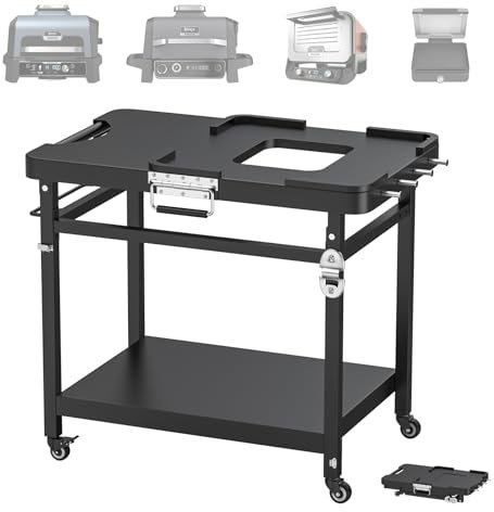 SafBbcue Faltbarer Grillständer für den Außenbereich der Ninja Woodfire Serie, Grillwagen für OG700, OG800, OG900 Serie und OO101 Woodfire Pizzaofen, Ersatz für XSKUNSTAND Ständer, mit Doppelregal,