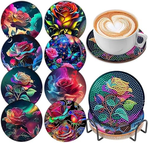 Diamond Painting Dessous de verre DIY Peinture diamant Dessous de verre avec support, dessous de verre antidérapant pour boissons, tasses, sous-verres de cuisine, dessous de verre (rose)