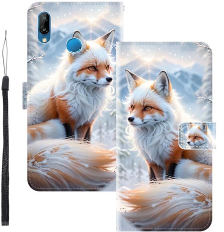 WUACYEAMING für Huawei P20 lite Hülle Premium PU Leder Flip Klappbare Stoßfeste Magnetische Schutzhülle Tasche mit Kartenfach Geld Slot Ständer Fuchs