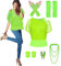 80er Jahre Outfits Damen Set,Netzshirt,Tank top,Beinwärmer,Netzhandschuhe,Ohrring, Halskette,80er Jahre Kostüm Outfits Netzoberteil Damen Tops Neon Shirt Thema Party Karneval (Grün, L)