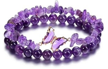 CrystalTears Amethyst Armband Set Damen Kristalle Schmetterling Anhänger Splitterarmband+ 8mm elastischer Perlenarmband Amulett Schmuck spirituelle Geschenk