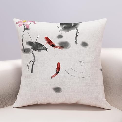 Kissenbezug 50x50 Roter Koi-Karpfen Kissenbezüge Leinen Waschbar Kissenbezug Outdoor Dekokissen Cushion Cover mit Reißverschluss Kissenhüllen für Sofa Wohnzimmer Garten Deko Kissen