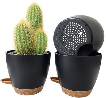 Kalizoi 16,5 cm Blumentopf mit Untersetzer, Selbstbewässerung Übertopf mit Drainagelöcher, Pflanzentopf für Innen Außen Pflanzen(3er-Set, Schwarz)
