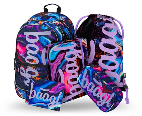 Baagl Schulrucksack Set 5 Teilig für Mädchen, Schultasche ab 3. Klasse, Grundschule Ranzen mit Brustgurt, Ergonomischer Schulranzen (Marble)