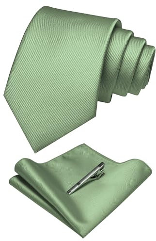 JEMYGINS Seide Krawatte Krawatten und Einstecktuch mit krawattenklammer Set für Herren Seidenkrawatten Hochzeit Schlips Graugrün/Salbeigrün