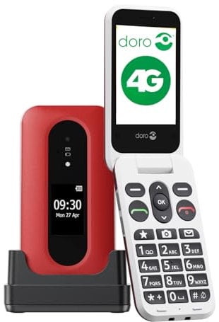 DORO - Doro Leva L30 - Seniorenhandy - 4G-Klapphandy ohne Vertrag - Externes Display - HD-Audioqualität - Kamera - Notruftaste mit GPS - Inklusive Ladestation - Rot/Weiß