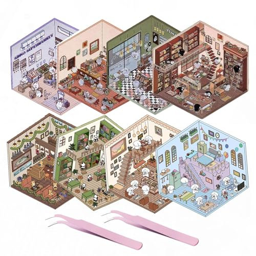 8Sets 3D DIY House Scene Stickers - Make Your Own Supermarket, Coffee Shop, Restaurant, Bookstore - Fun Stacking Activity, Style A+B