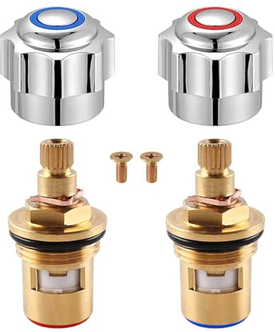 2Pcs Chrome Plated Red and Blue Tap Top, Standard Hot&Cold Tap Top Head Covers with Ceramic Cartridge, Top Head Faucet Cover Set, Sink Tap Top Replacement Head Covers for Bathroom Kitchen