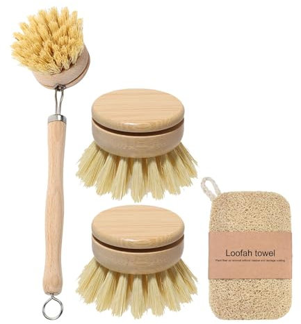 Washing Up Brushes & Loofah Scourer,Eco Dish Brush Set,Long Handle Bamboo Brush with 2 Replacement Heads,Bamboo Scrubber Brushes,Wooden Kitchen Brush Pans Plates Dishes