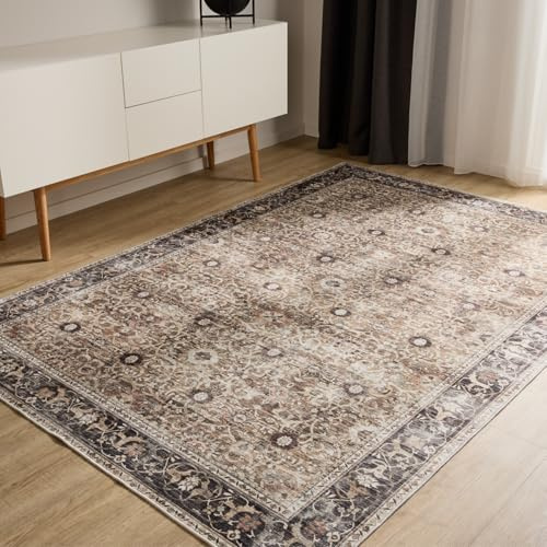 benuta Basic Waschbarer Teppich George - Anthrazit/Taupe 120x170 cm - Kunstfaser - Rechteckig & im Style: Vintage, Elegant, Retro - Pflegeleicht für Wohnzimmer Schlafzimmer