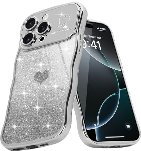 Teageo Cute Heart Pattern Curly Phone Case for iPhone 16 Pro Max, Wave Frame Glitter Case for Girls Women Aesthetic Bling Cover Shockproof Soft TPU Bumper for iPhone 16 Pro Max, Silver