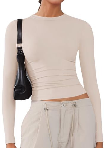 Women's Soft Long Sleeve Shirts Crew Neck Tops Basic Tees Stretchy Going Out Crop Tops Y2K Slim Fit T-Shirts Light Apricot S