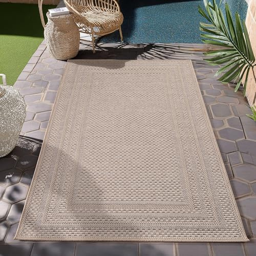 HomebyHome Outdoor Teppich Beige 80x150 cm Läufer Wetterfest UV-beständig Pflegeleicht Einfarbiges Design mit Bordüre für Küche Balkon Terrasse Wohnzimmer
