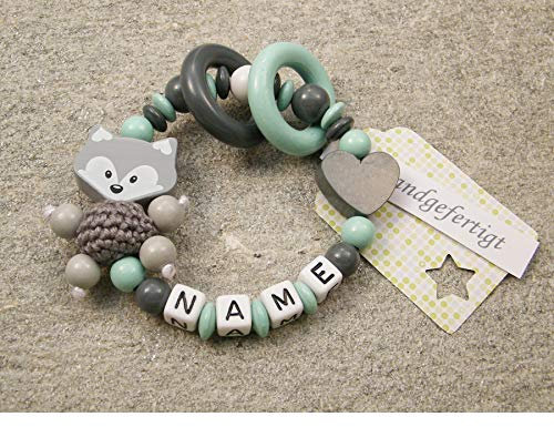 kleinerStorch® Baby Motorik Greifring personalisiert mit Namen | VIELE FARBEN | Holz Mädchen & Jungen Babyspielzeug & Lernspielzeug als Geschenk zur Geburt, Taufe | Fuchs (mint)