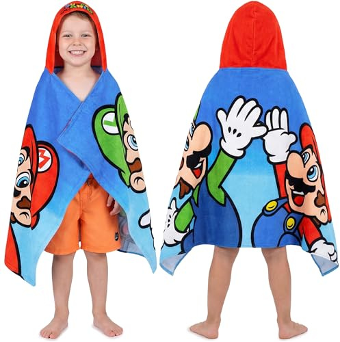 Super Mario Badeponcho Kinder mit Kapuze 125x75cm, 100% Baumwolle Kapuzenhandtuch Jungen, Sommer Kapuze Handtücher, Badetuch Poncho für Strand Pool, Geschenke für Kinder (Multi Super Mario)
