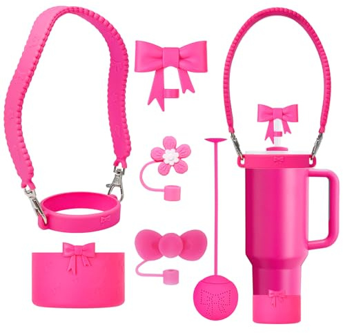 SEEZIZI Stanley Cup Silicone Bow Accessories Set Including Water Bottle Handle Strap,Reusable Cute Straw Covers Toppers and Boot,Tea Strainer,Compatible with Stanley 40oz & 30oz Tumbler （Rose）