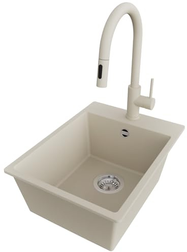 PRIMAGRAN Granitspüle ab 40er Unterschrank + Küchenarmatur, 38x50cm | Set: Küchenarmatur BW9010 + Ablauf-Set (Siphon, Ablaufgarnitur, Überlauf) + Spülbecken 1 Becken - Riga, Beige