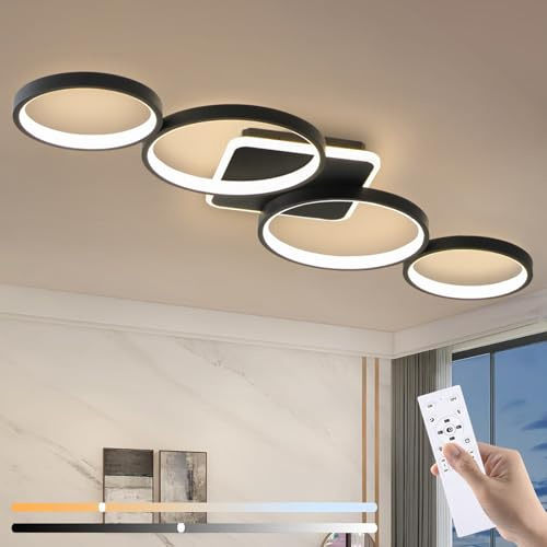 Liyabber 94cm LED Deckenleuchte Dimmbar Wohnzimmer Deckenlampe Schwarz, 54W | Wohnzimmerlampe mit Memory Funktion und Nachtlicht, Moderne 4 Ring deckenbeleuchtung mit Fernbedienung APP für Schlafzimmer