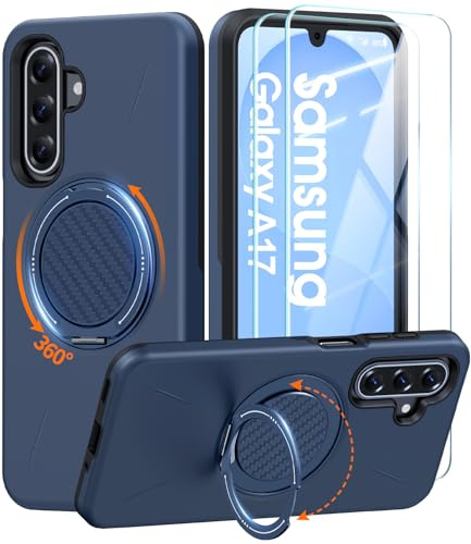 AOUIA für Samsung Galaxy A16/A17 5G Hülle mit 2 Stück Panzerglas, Kabelloses Laden, 360° drehbarer Ring Kickstand, Militärstandard Stoßfest Handyhülle für Samsung A16/A17 5G, Nachtblau