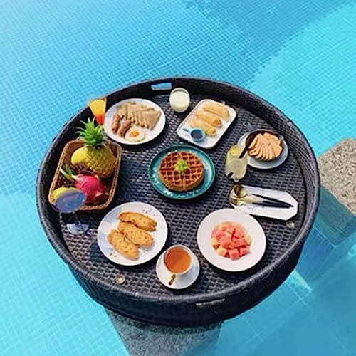Large Round Rattan Floating Serving Tray with Handles, Pool Float Tray for Hot Tub,Beach & Outdoor Party, Serving Drinks, Brunch & Snacks(Black,80*80*20cm)