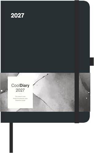 Cool Diary Black 2027: Buchkalender 16x22 cm - Wochenplaner mit 4-sprachigem Kalendarium, internationalen Feiertagen, Stifthalter & Elastikband, für Beruf, Schule & Alltag