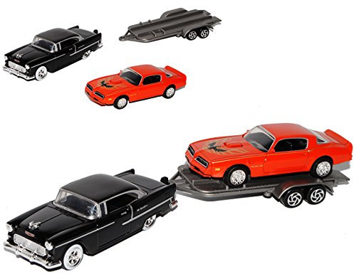 Motormax Chevrolet Bel Air 1955 Schwarz mit Pontiac Trans Am Orange und Autoanhänger 1/43 Modell Auto mit individiuellem Wunschkennzeichen