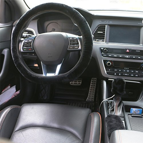 Faux Wolle Lenkradabdeckung,Lenkradbezug,Lenkradschoner,KAIHONG Universal Auto Lenkradhülle Plüsch Teleskop Lenkrad AbdeckungLenkradbezug für Auto Zubehör Dimension:35-40cm (schwarz)