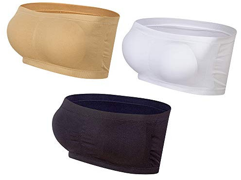 Lemef Women Seamless Bandeau Strapless Bras Stretch Tube Top with Removable Pads, Black&white&nude, S