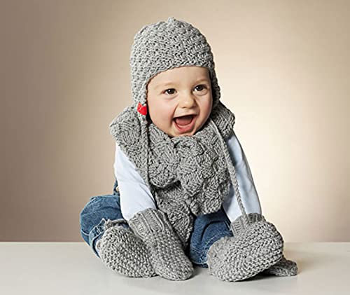 Strickset Baby - Wollpaket Baby Wollmaus - Baby Stricken Anleitung – Schal, Schühchen, Mütze – Baby Strickset – Strick-Set – 6X Merino Mix Big grau (Fb 3021), 3 Anleitungen und GRATIS Myoma Label